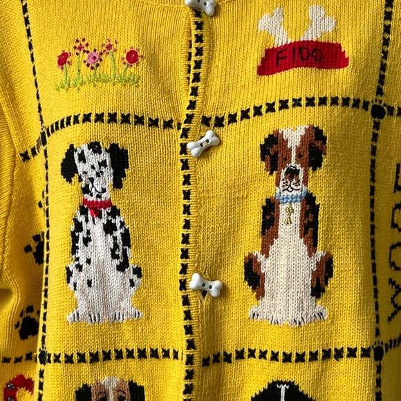 Marisa Christina Sweater Buton Up Cardigan Bright Yellow Dogs Cotton Size L - Picture 3 of 6